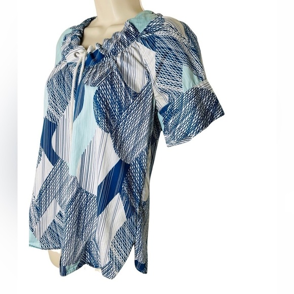 Calvin Klein Nautical Blouse Short Sleeve Tie Neck Rope Size XS Abstract Cotton - Picture 3 of 8